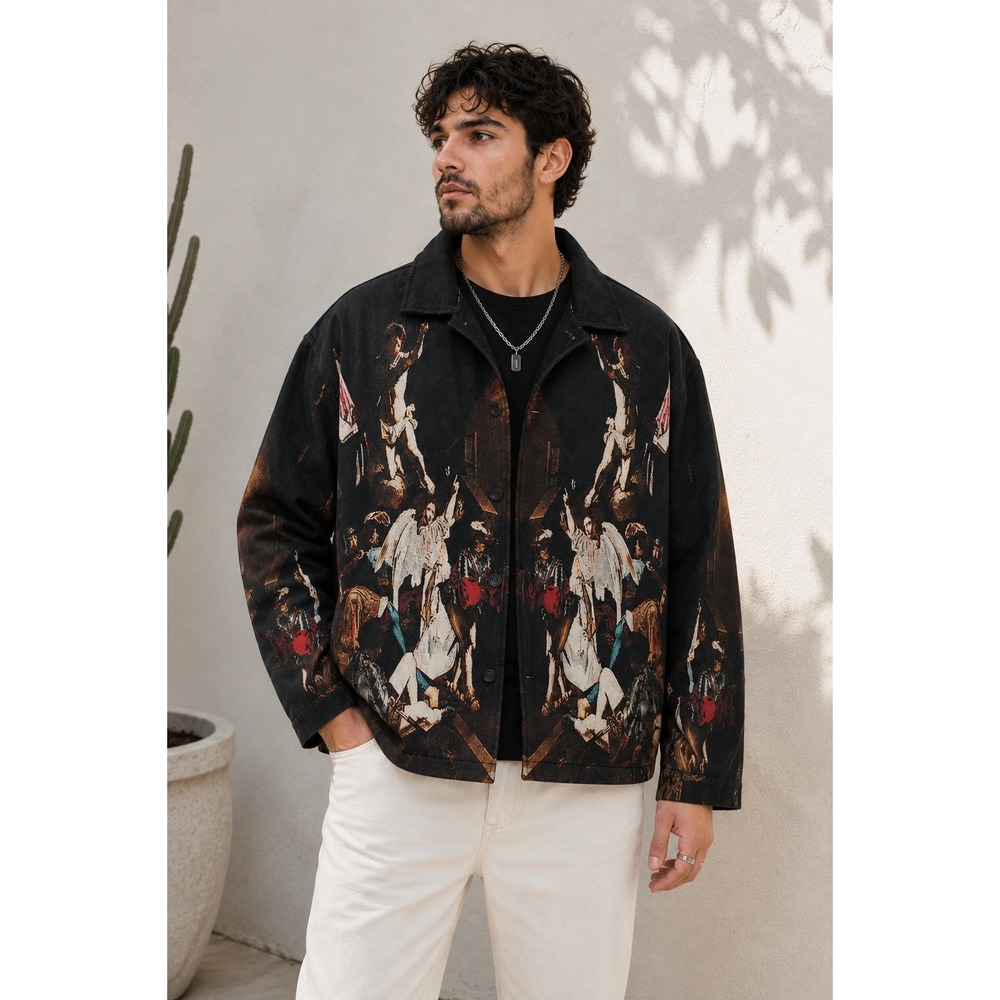 Rebel Vengeance Jacket Men's Large Angel Art Tapestry Renaissance Graphic Gothic